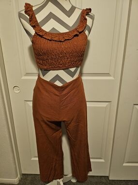 Kittenish🔥😽 Rust Smocked Crop Top and Wide-Leg Pants Set